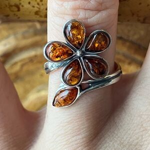 Baltic Amber Sterling Silver Flower Ring Size 7